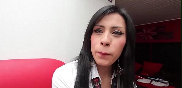  Uniformed latina tgirl jerking while toying